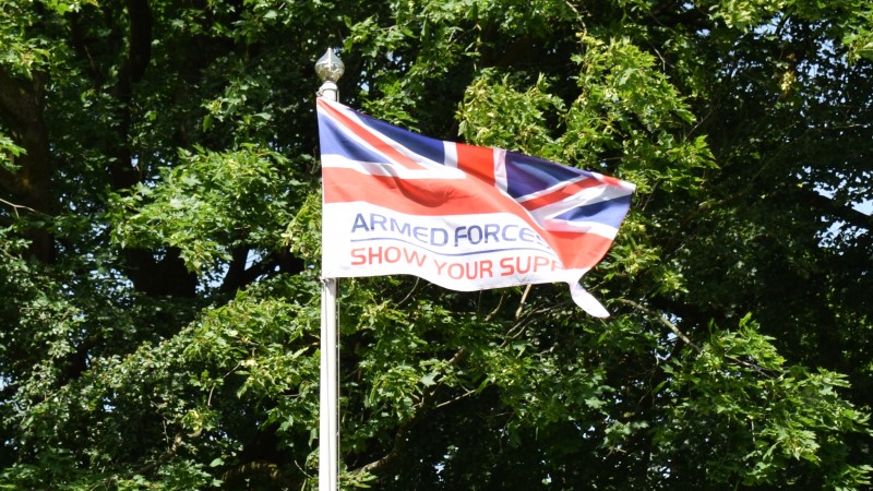 Armed forces flag waving in front of trees