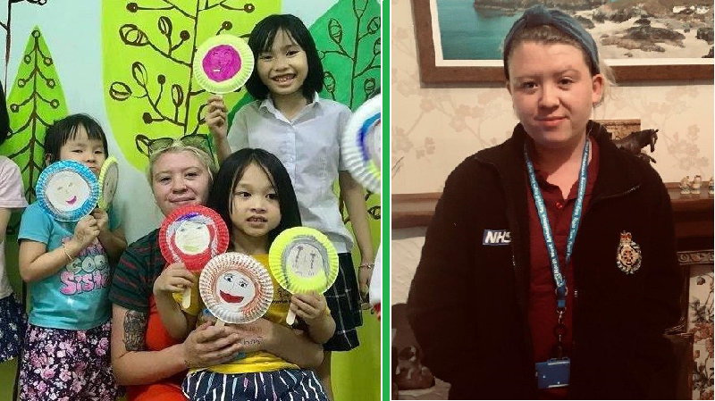 A picture of Emergency Medical Dispatcher Erin teaching in Vietnam, and a second picture of Erin in NWAS uniform