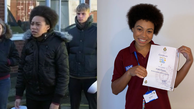 Kaitlyn in her role on Doctors and in her EMD uniform holding a baby born certificate