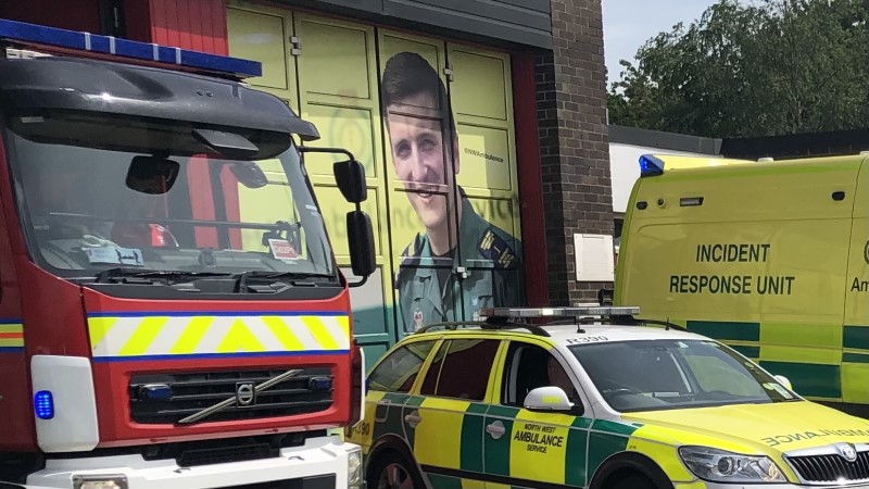 fire engine and ambulances lined up