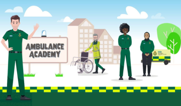 Ambulance Academy cartoon scene with staff in uniform standing /pushing a wheelchair.