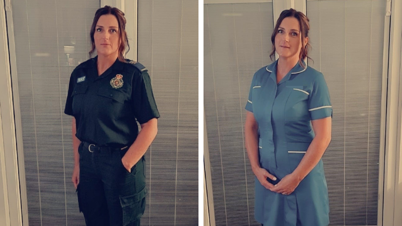 Photo of Rachael in her paramedic uniform and midwife uniform