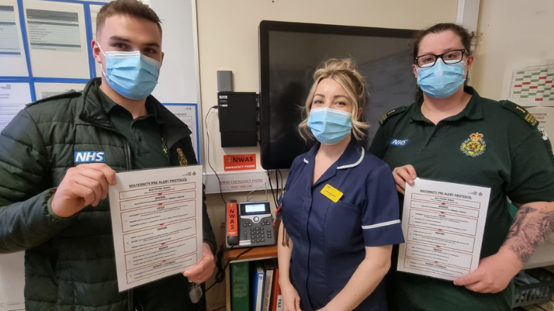 Left to right: Emergency Medical Technician 1 Apprentice Dylan Bamber, Midwife Laura Bracken and Emergency Medical Technician 1 Apprentice Amy Shafe.