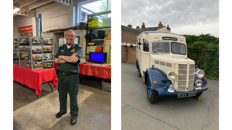 Retired paramedic in uniform infront of museum display and vintage ambulance.
