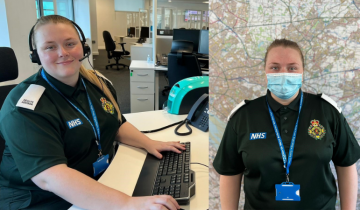 Left - health advisor in a headset at desk Right - health advisor in mask against a backdrop of a map.