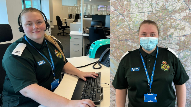 Left - health advisor in a headset at desk Right - health advisor in mask against a backdrop of a map.