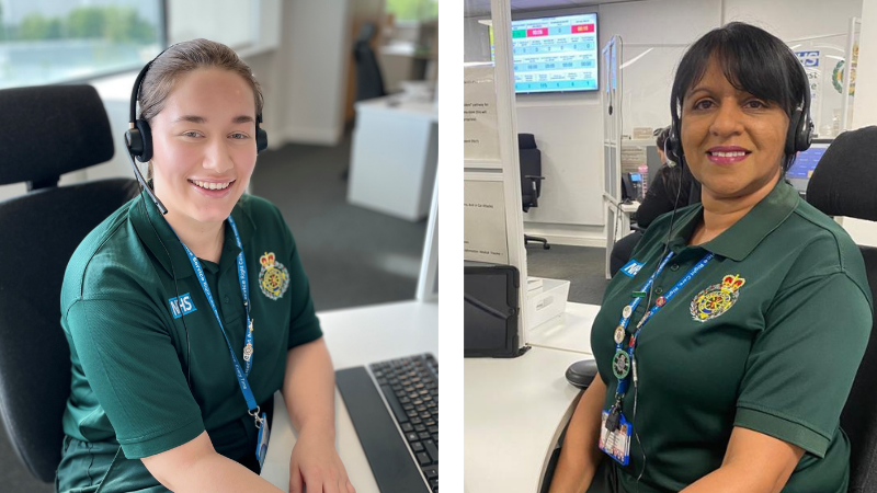 Two female emergency call handlers with headsets and in uniform smiling to the camera.