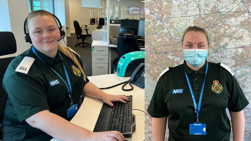 Left - health advisor in a headset at desk  Right - health advisor in mask against a backdrop of a map.