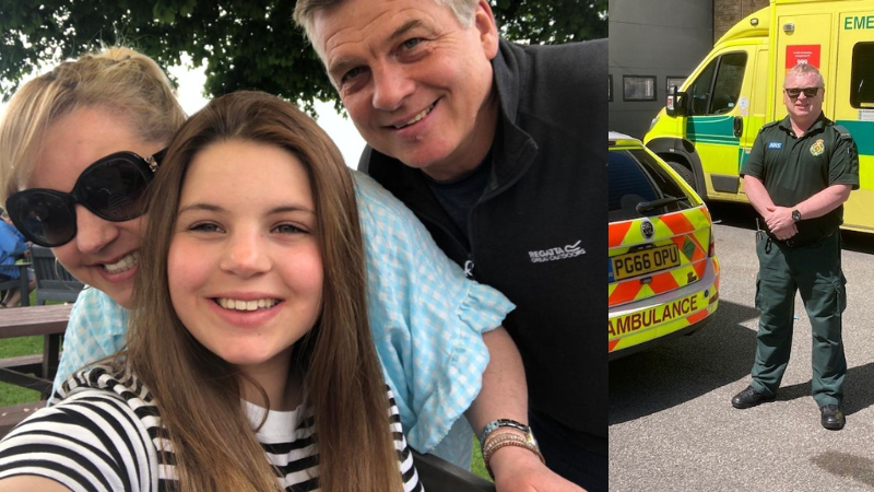 Patient simon and his wife and daughter smiling to camera with insert of paramedic who saved his life stood next ro rapid response ambulance.