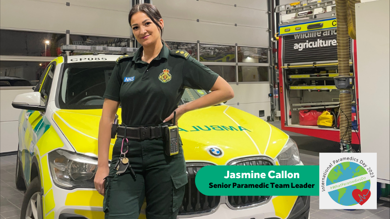 Paramedic Jasmine Callon stood in front a emergency response vehicle