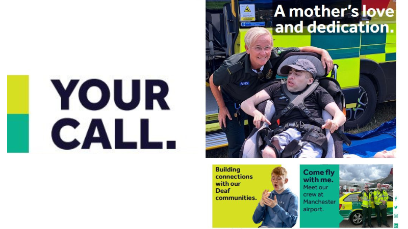 Your Call magazine out now. Picture of the front cover showing a female paramedic with her son and a young man who is Deaf (bottom left) and our ambulance crew at Manchester Airport (bottom right). 