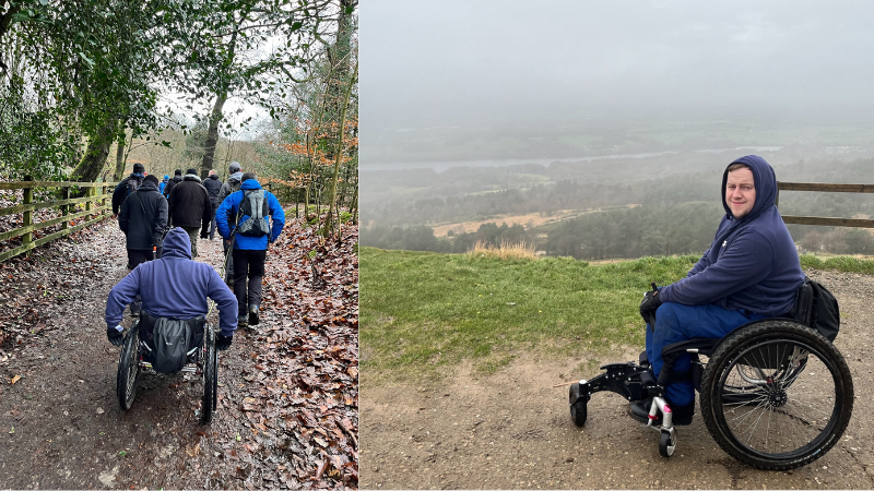Left - picture taken behind a group of staff walking, trees are in the background and the floor is covered in autumnal leaves, one staff member at the back is in a wheelchair. Right - staff member Adam in a Wheelchair on top of a hill looking down to a view.