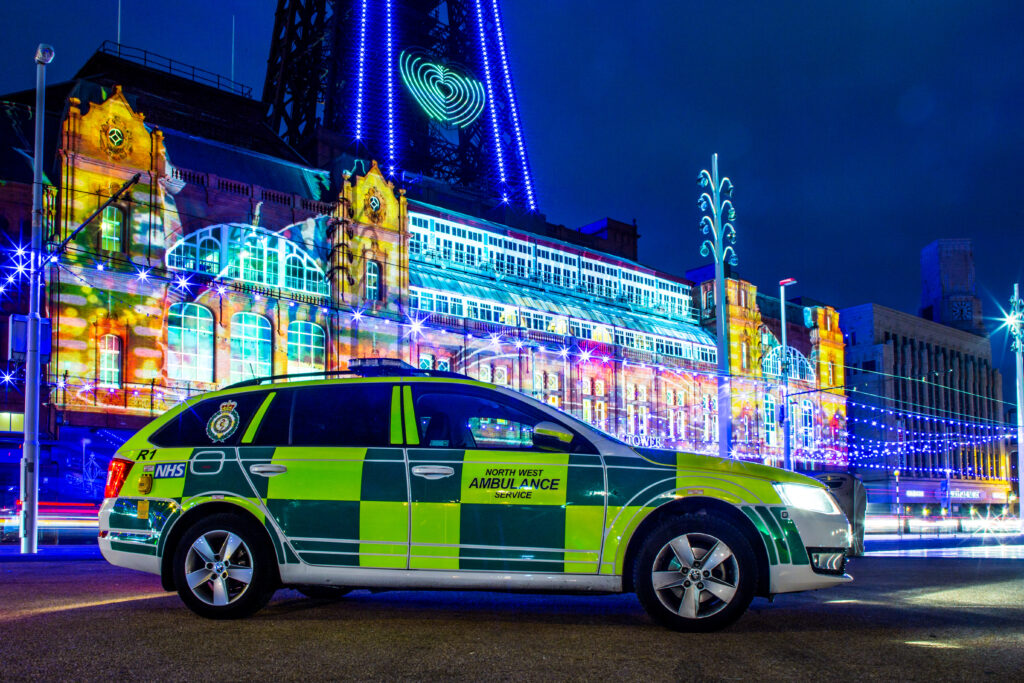 NWAS car in front of Blackpool tower.