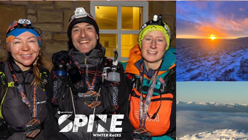 A man smiling between two women after a night race, beside a picture of a sunrise and mountain landscape shot.