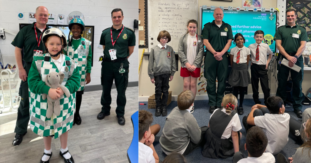 Split screen showing paramedics visiting two classrooms where to the left students are dressed in ambulance service kits, and to the right paramedics engaging and interacting with the children.