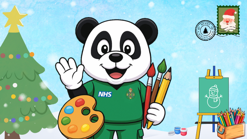 Cartoon of Pandamedic with a snowy background with paint materials stood next to a Christmas tree.