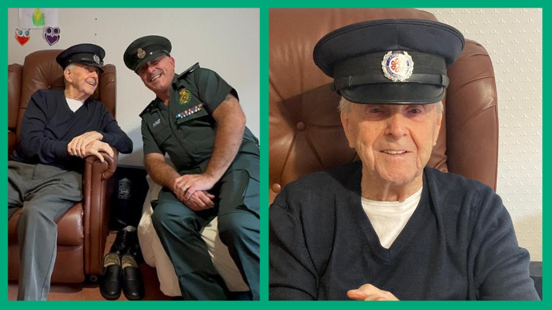 Collage. Left image shows 99 year old Stephen sat wearing his Lancashire ambulance service camp given to him by Urgent Care Assistant Peter Kemp, right, who is dressed in ambulance uniform and wearing his own camp. Right photo shows a close-up of Stephen wearing the cap.