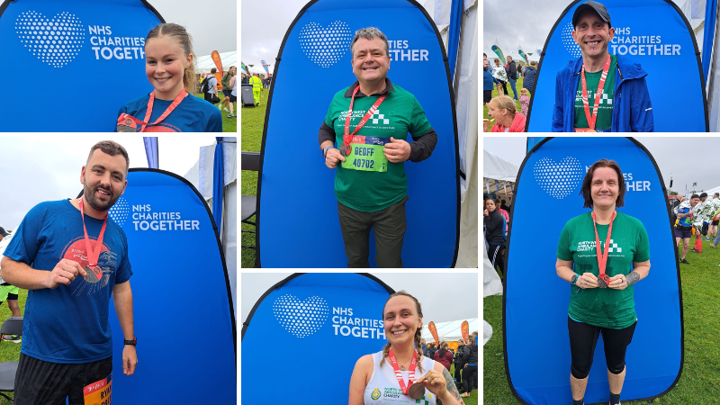 Collage of people wearing green North West Ambulance Charity tops in front of an NHS Charities Together stand