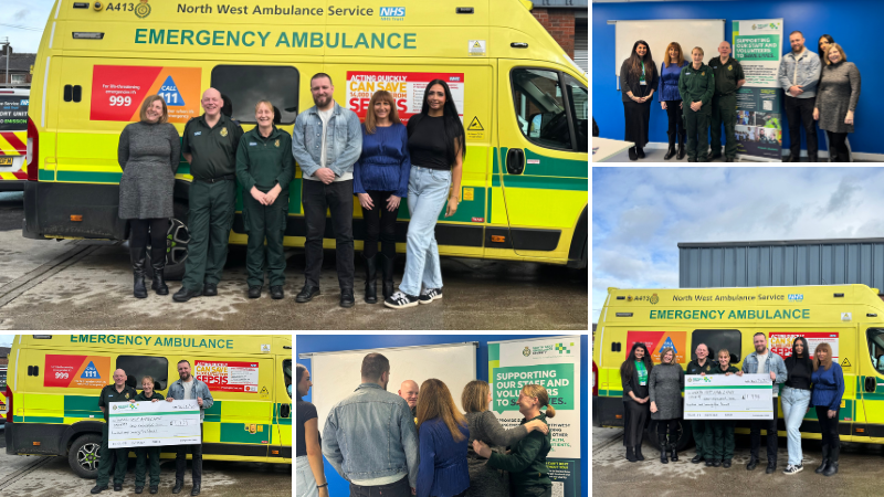 collage of people standing in front of an ambulance smiling at the camera