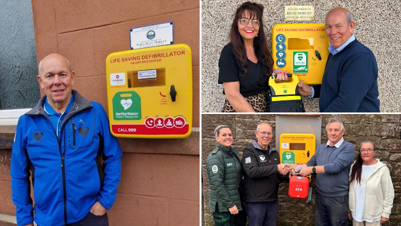 collage of photos of people standing next to defibrillators