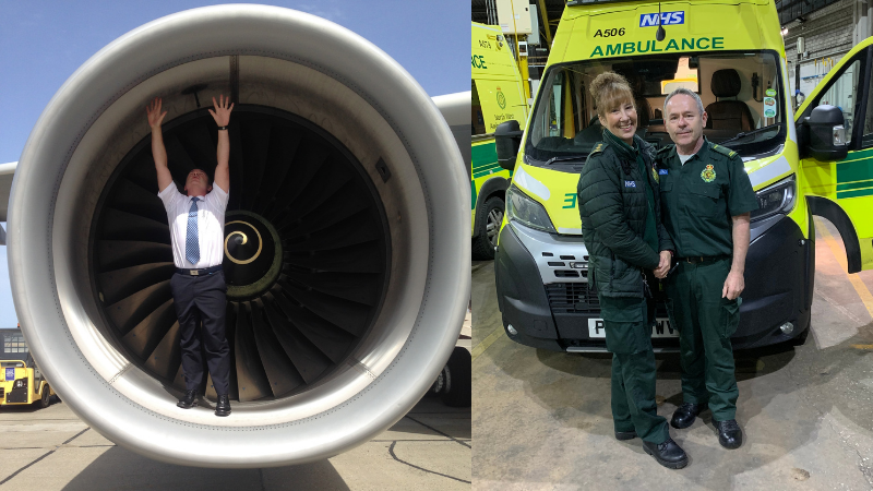 Left: A person in a uniform is standing inside the engine of a large aeroplane with arms raised. The background shows a clear sky and airport ground equipment. Right: Ambulance crewmates in uniform stand in front of a parked ambulance inside a garage.