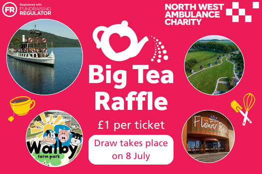 Graphic with the words 'Big Tea Raffle' and images of a boat on a river, a farm, and glamping pods.