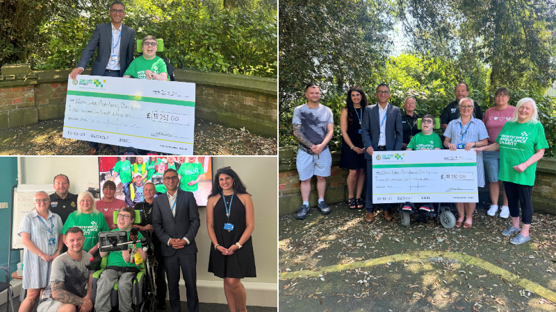 collage of photos of people smiling at the camera and holding a large cheque