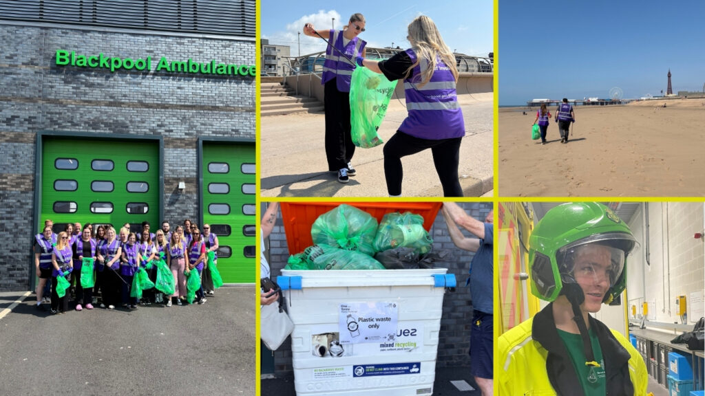 Collage showing volunteers taking part in a beach litter pick, collecting plastic waste, posing outside Blackpool Ambulance Hub, and Thomas wearing safety equipment while visiting HART.
