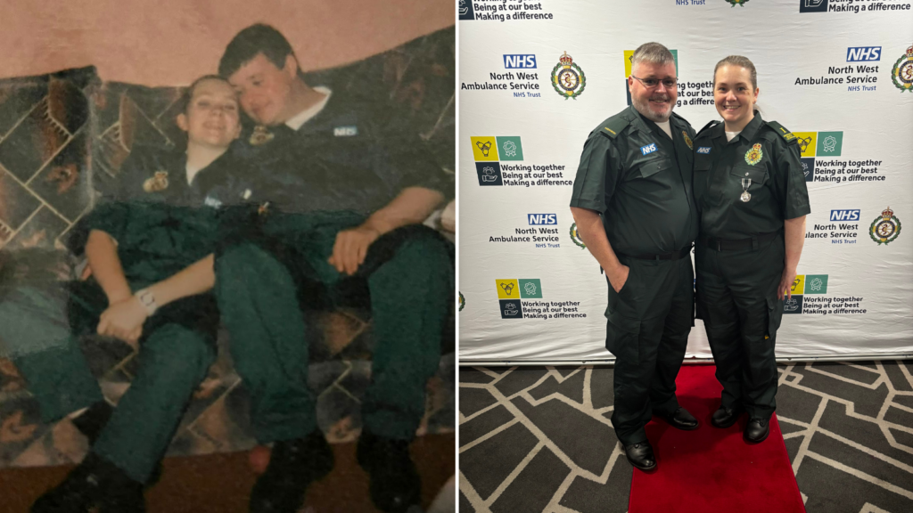 A photo split in two. Left photo of Iain and Rachael sat on a sofa together. They are wearing old uniforms. The photo is old. The right photo is of them both again but stood in front of an NWAS backdrop. they are both in current uniforms and wearing medals.