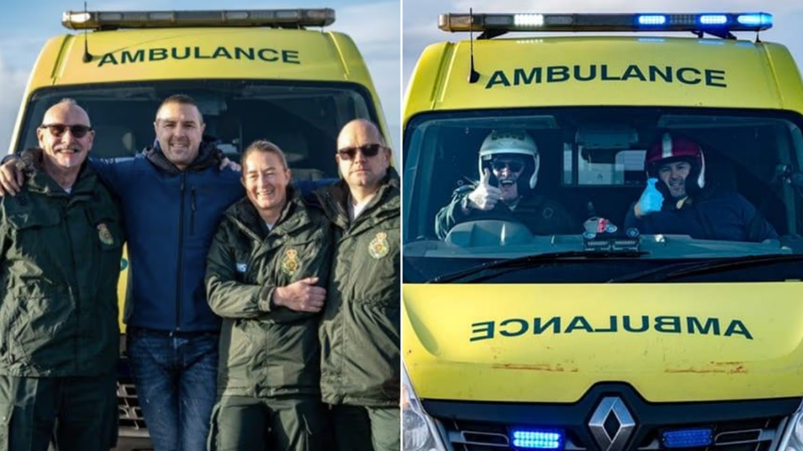 two photos. Left: four individuals stood in front of an ambulance. Right: two people in the cab of the ambulance doing a thumbs up
