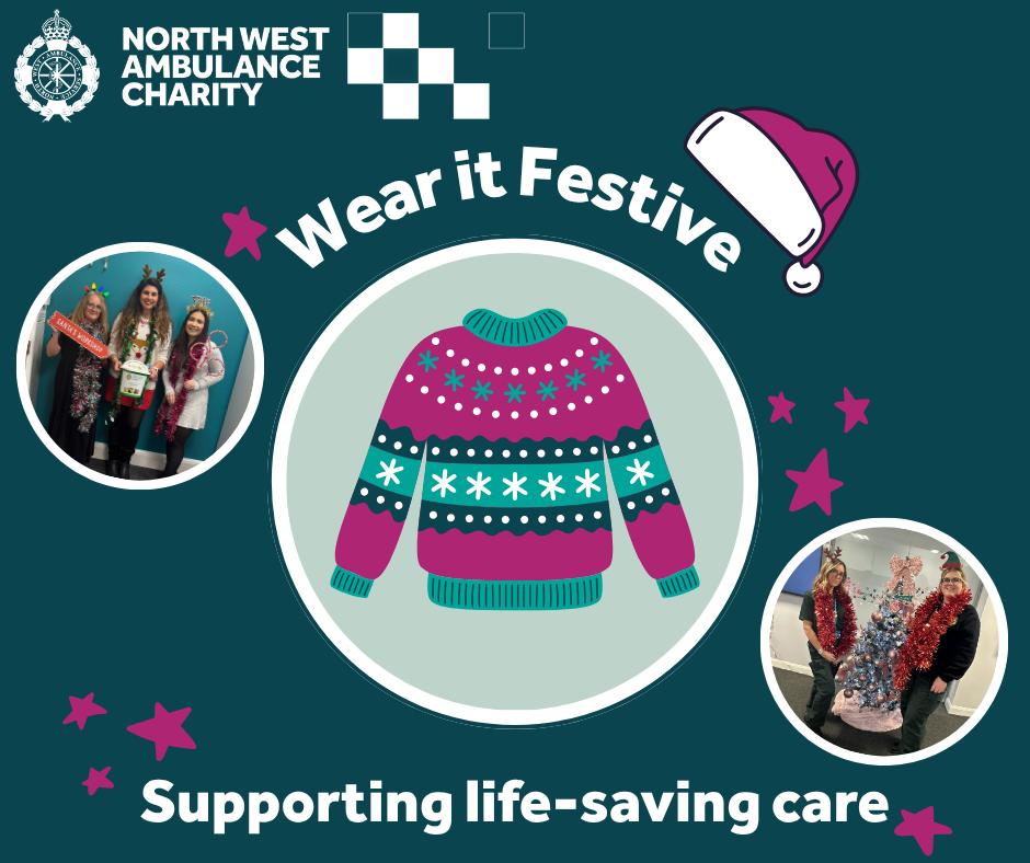 A promotional graphic including a winter jumper, santa hat, and photos of people wearing tinsel and headbands with the words 'Wear t Festive'