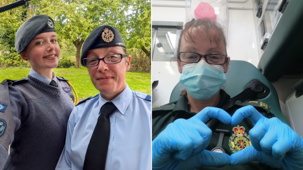 Two photos: Left two people in service uniform and berets. Right, an individual in green NWAS uniform in the back of an ambulance wearing a mask