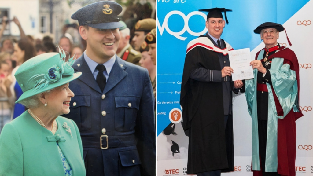 Two photos. Left photo: A man stood in navy military uniform alongside the late Queen. Right image: A man stood in a graduation gown holding a certificate alongside another man in graduation attire.