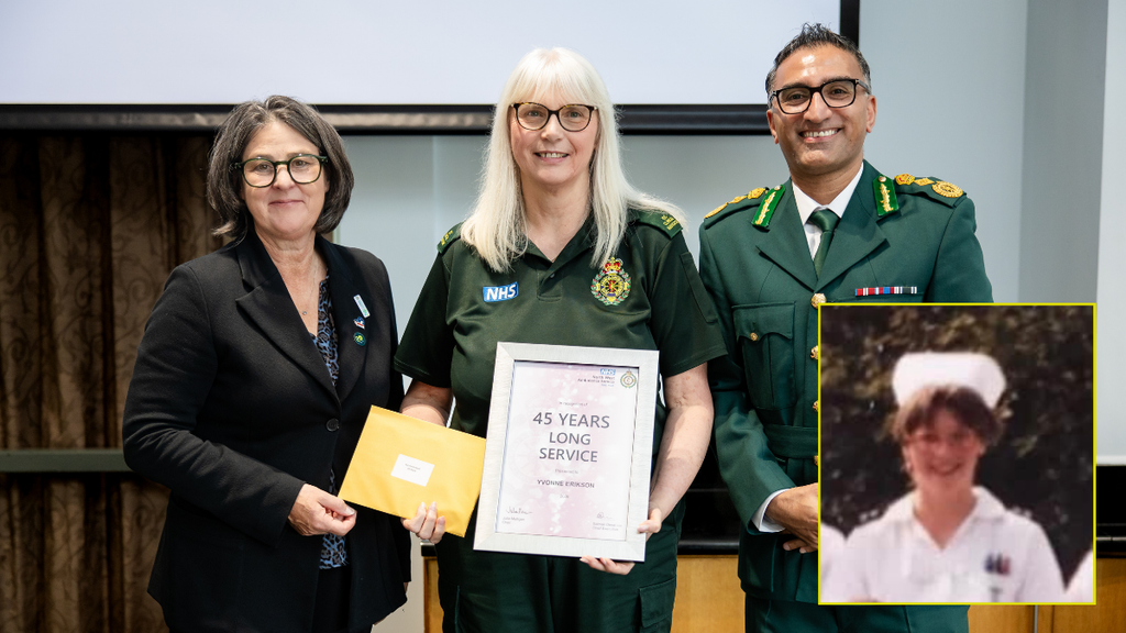 Two images. Main image is a woman in green uniform stood between two other people in dress uniform/a black suit, holding a 45 years long service certificate and an envelope.