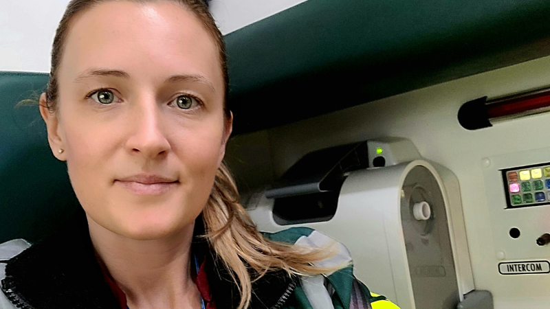 Katie Ridge sat in an ambulance