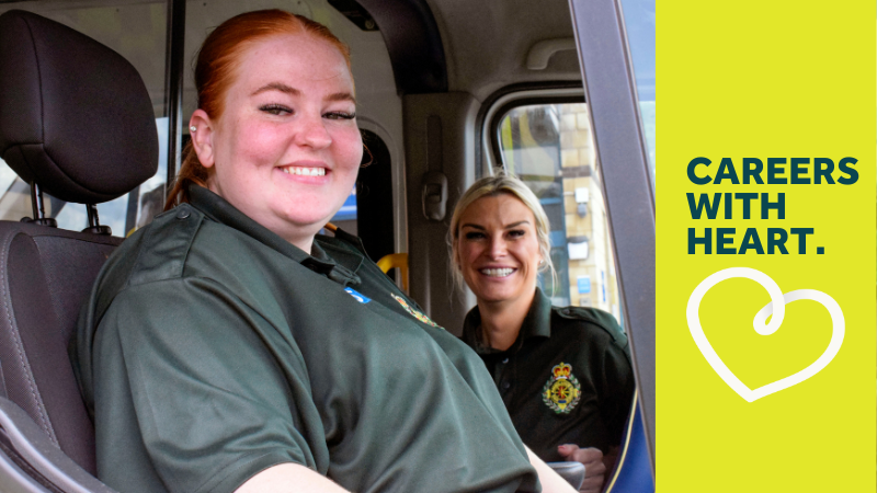 Female patient transport service crew in an ambulance. The image features the words 'careers with heart.'
