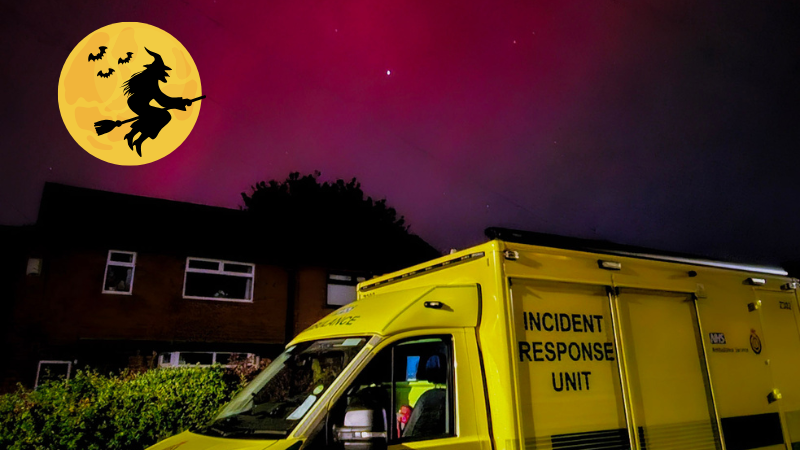 Northern lights over a house with an mabulance parked in front and a graphic of a witch on a broomstick flying over