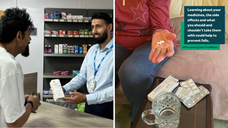 two pictures. Left picture, a man buying medication from a pharmacist. Second image of a womans hand holding medication