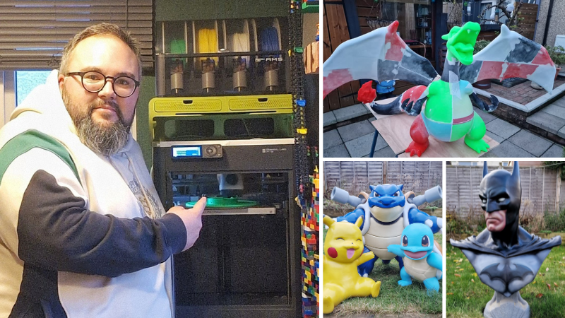 Four images - Main photo of Kris a man with glasses and a beard pointing at a £D printing machine. Other three photos are a dragon, batman and a trio of Pokemon characters he has made.