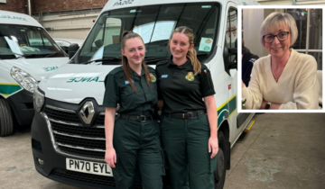 Sisters Katie and Niamh stand arm in arm in front of a white ambulance. Insert is a head and shoulder image of their mum, Wendy, who is wearing a cream jumper.