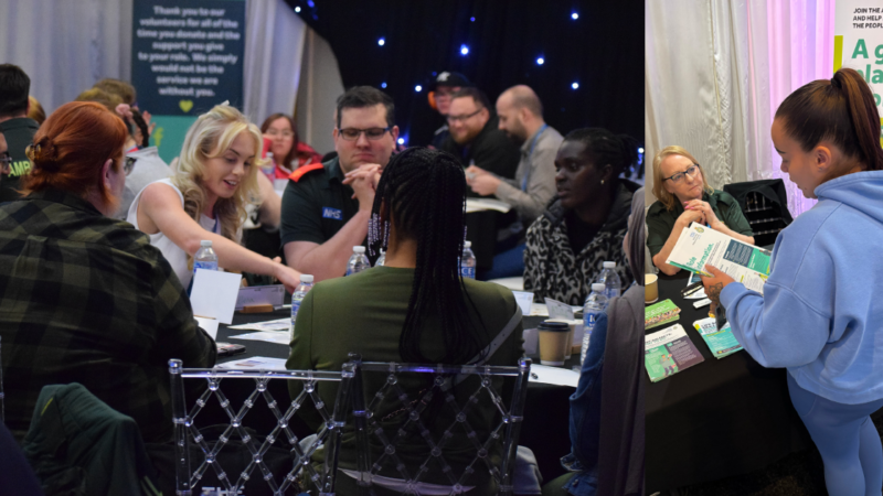 Two scenes at an event: the left image shows attendees engaged in discussion around a table; the right image depicts an individual receiving information from a booth.