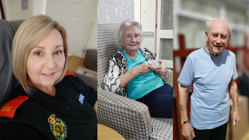 Left - Marie is wearing her uniform, sitting on a sofa, smiling at the camera. Middle – Vonnie, Marie’s mum, is sitting in an armchair, holding a cup, smiling at the camera. Right - Frank is wearing a blue t-shirt, smiling in front of a brown gate.