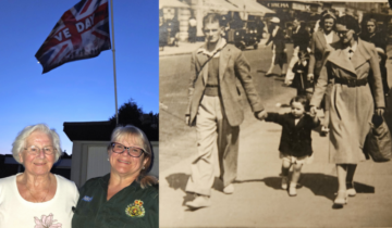 On the left is a modern photo of a woman in ambulance uniform next to an older woman with a VE Day flag behind them and on the right is a black and white photo of a child holding the hands of two adults whilst walking down a street