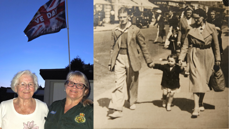 On the left is a modern photo of a woman in ambulance uniform next to an older woman with a VE Day flag behind them and on the right is a black and white photo of a child holding the hands of two adults whilst walking down a street