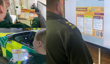 A collage of three images of different paramedics reviewing educational materials, with visual aids displayed on paper. An ambulance is partially visible in the background of the bottom-left image.