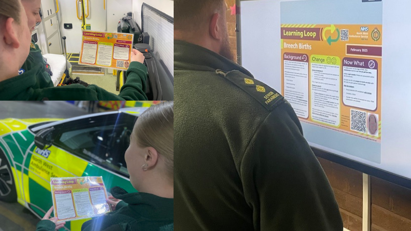 A collage of three images of different paramedics reviewing educational materials, with visual aids displayed on paper. An ambulance is partially visible in the background of the bottom-left image.