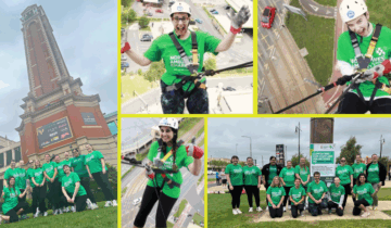 A collage of staff abseiling down a building.