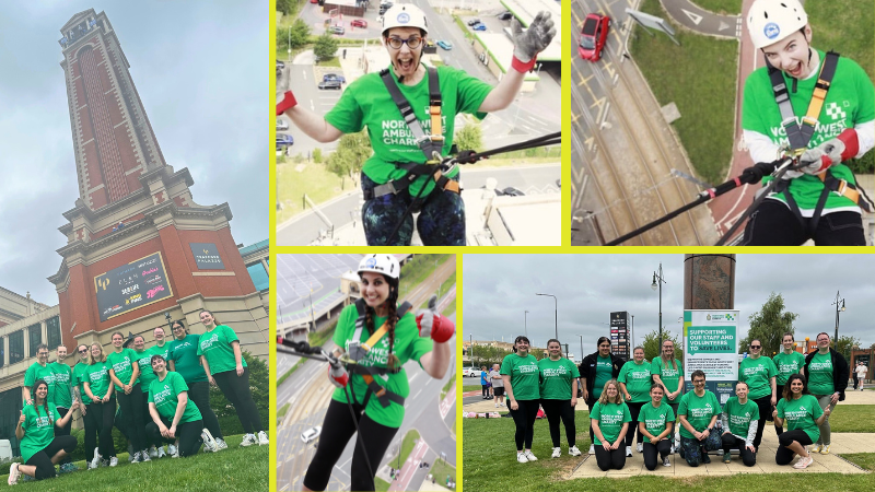 A collage of staff abseiling down a building.