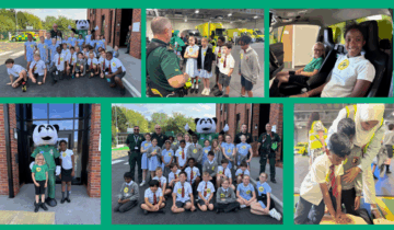 A collage of school children visiting Elm Point site.