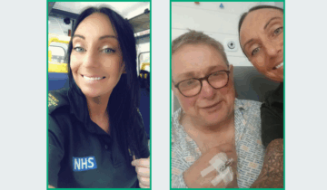 Left, ambulance care assistant Gina in NWAS uniform smiling to camera. Right, Gina with patient Karl in hospital.
